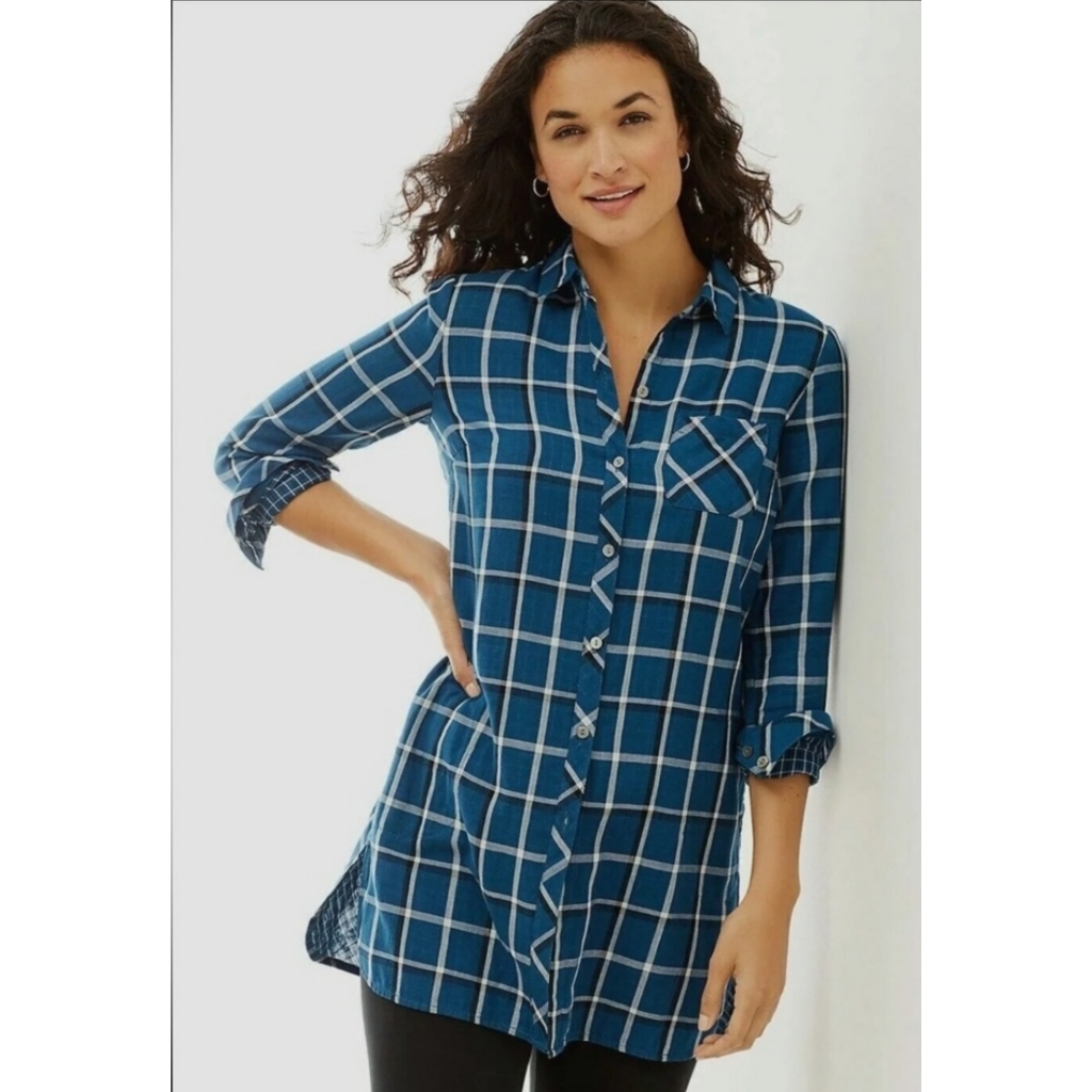 J. Jill Blue Windowpane Plaid Cotton Button Down Tunic Shirt Size Xs Petite